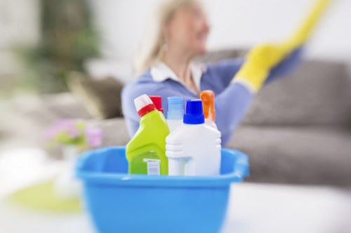 Team member handling cleaning materials with care and proper protection